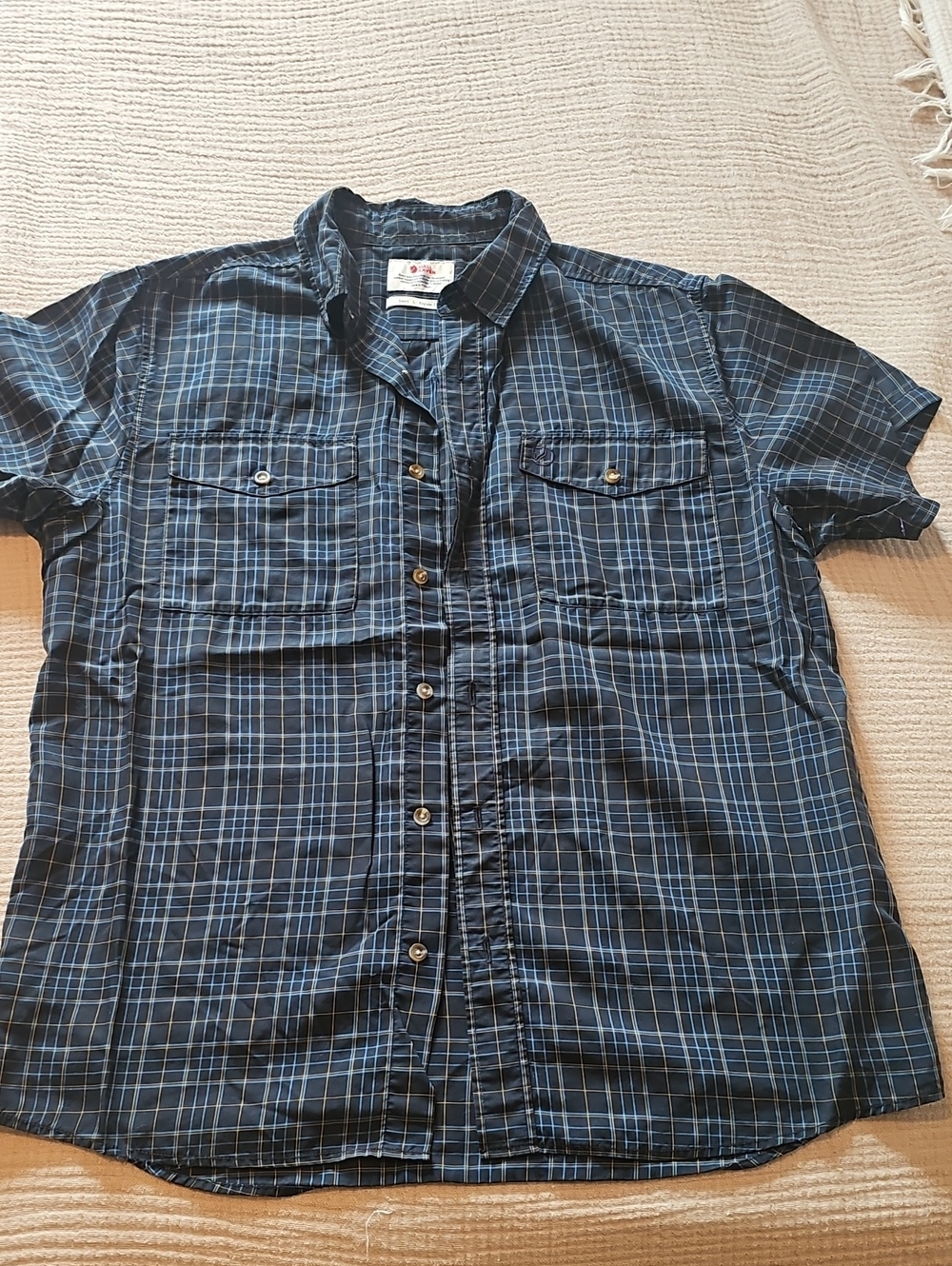Fjallraven Men's Navy and Light Blue Plaid Short-Sleeve Button-Down Shirt